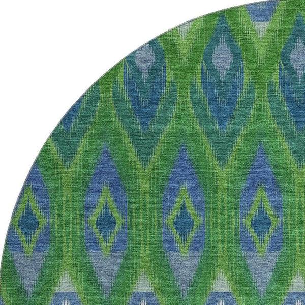 HomeRoots 8' Southwestern Washable Round Rug in Green, Blue & Ivory - UV Protected, Stain Resistant & Durable 651902