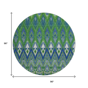 HomeRoots 8' Southwestern Washable Round Rug in Green, Blue & Ivory - UV Protected, Stain Resistant & Durable 651902