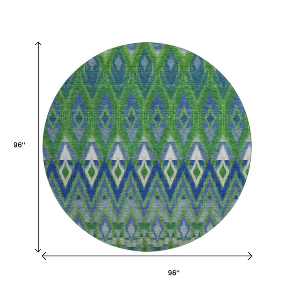 HomeRoots 8' Southwestern Washable Round Rug in Green, Blue & Ivory - UV Protected, Stain Resistant & Durable 651902