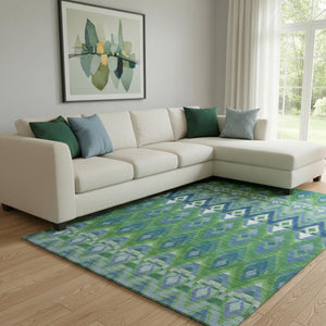 HomeRoots 8' Southwestern Washable Area Rug in Green, Blue, Ivory - Stain Resistant, UV Protected & Kid-Friendly! 651903