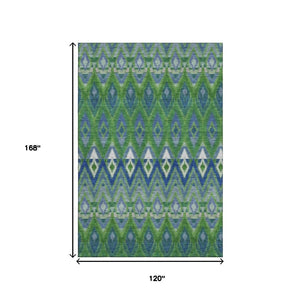 HomeRoots 10' Southwestern Washable Area Rug – Durable Polyester, UV Protected, Earthy Green & Blue Design 651905