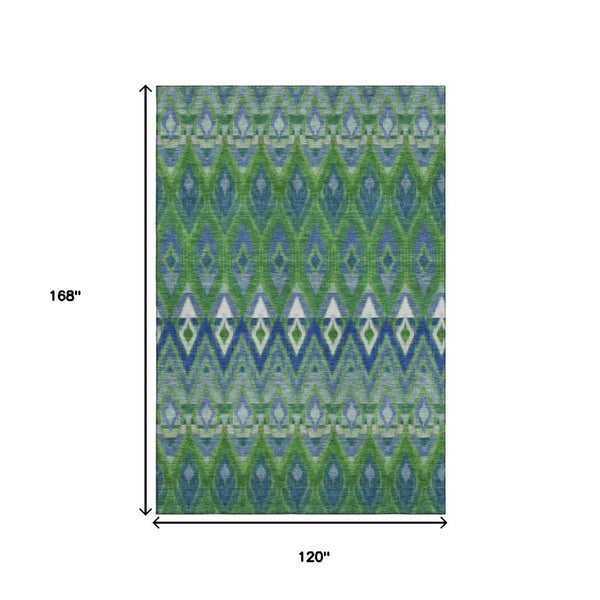 HomeRoots 10' Southwestern Washable Area Rug – Durable Polyester, UV Protected, Earthy Green & Blue Design 651905
