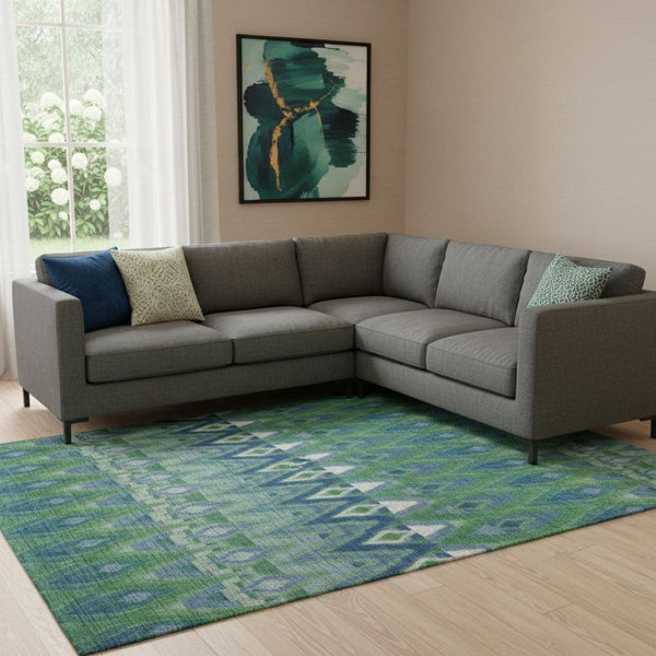 HomeRoots 10' Southwestern Washable Area Rug – Durable Polyester, UV Protected, Earthy Green & Blue Design 651905