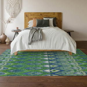 HomeRoots 10' Southwestern Washable Area Rug – Durable Polyester, UV Protected, Earthy Green & Blue Design 651905