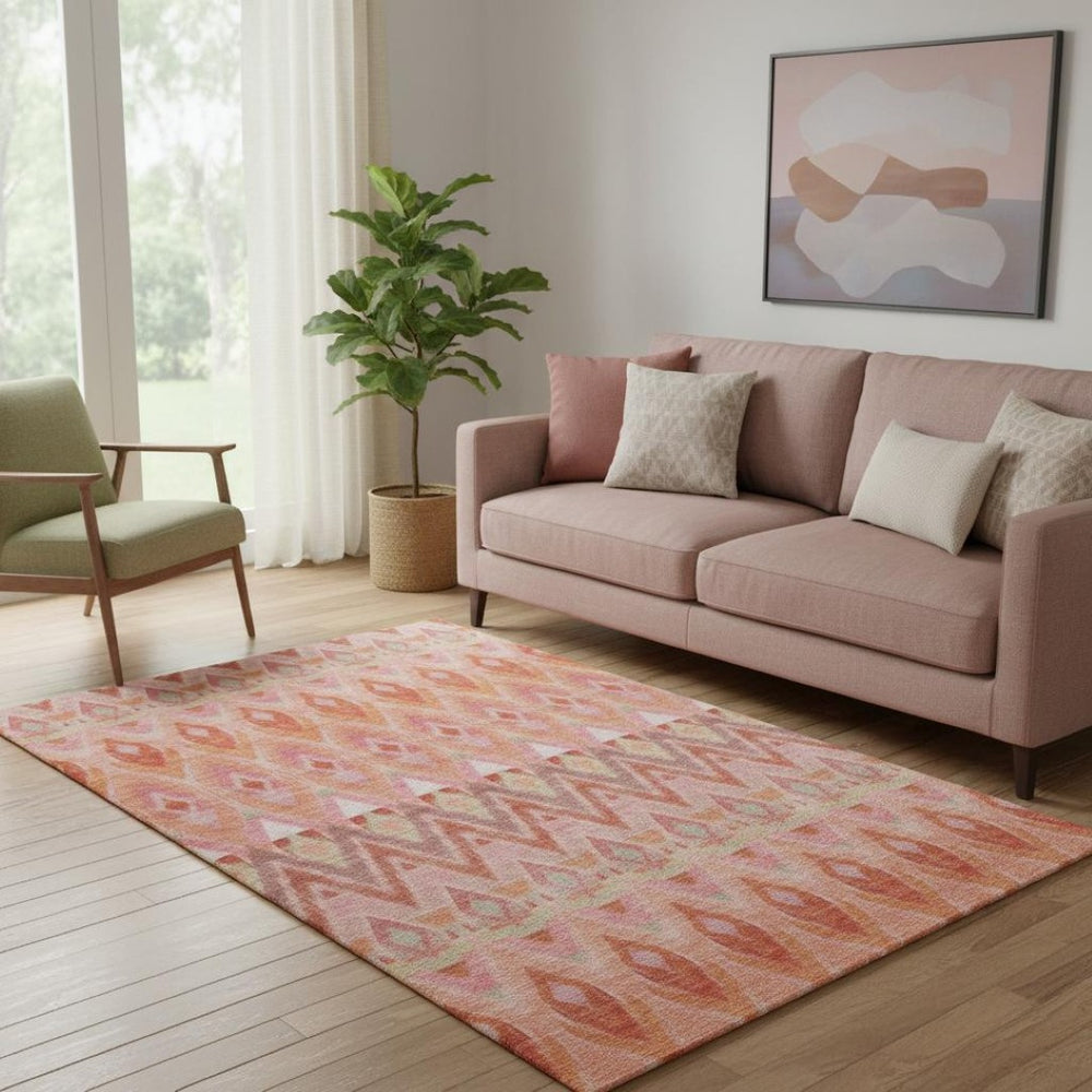 HomeRoots 5' X 8' Vibrant Southwestern Washable Area Rug in Pink, Orange & Mint Green - UV Protected & Durable 651907