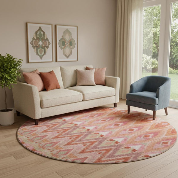 HomeRoots 8' Vibrant Southwestern Washable Round Rug - Pink, Orange & Mint Green with UV Protection & Durability 651908