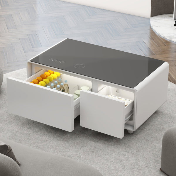 English Elm Modern Smart Coffee Table With Mini-Fridge, Bluetooth Speaker, Wireless Charging & Mood Lighting W1172P178882