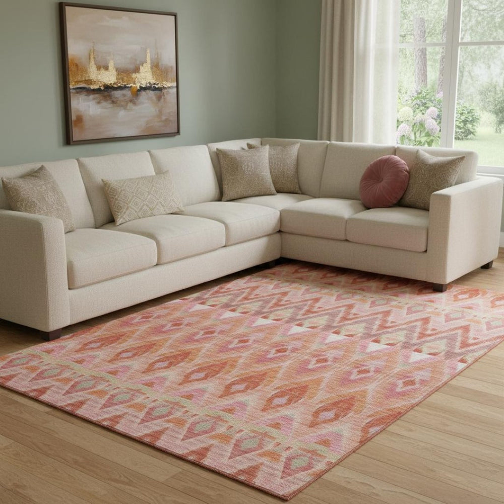 HomeRoots 9' Southwestern Washable Area Rug in Pink, Orange & Mint Green with UV Protection for Busy Homes 651910