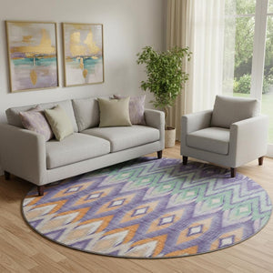 HomeRoots 8' Southwestern Washable Round Rug in Purple, Mint Green & Beige - UV Protected & Pet-Friendly! 651914