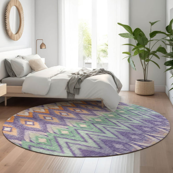 HomeRoots 8' Southwestern Washable Round Rug in Purple, Mint Green & Beige - UV Protected & Pet-Friendly! 651914