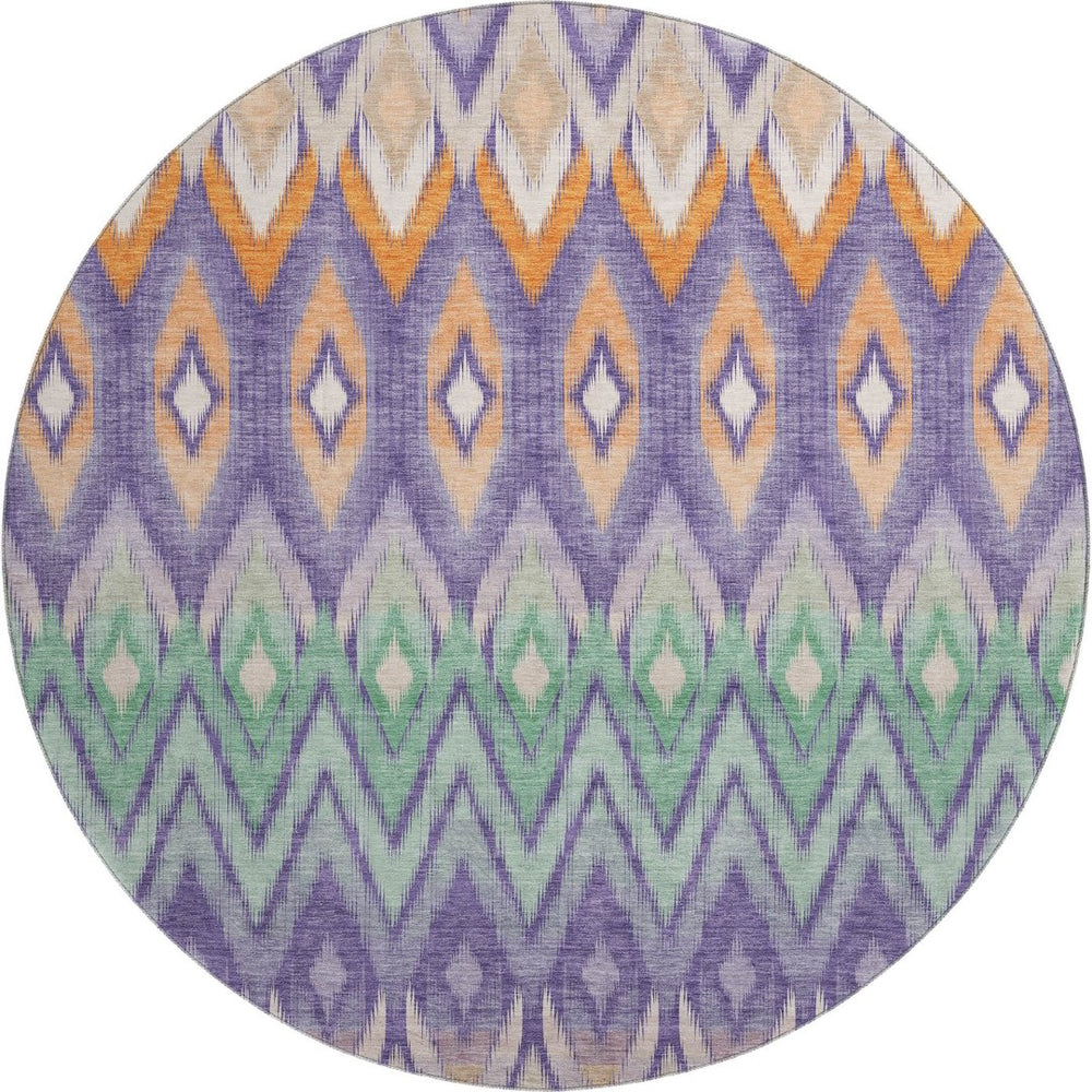 HomeRoots 8' Southwestern Washable Round Rug in Purple, Mint Green & Beige - UV Protected & Pet-Friendly! 651914