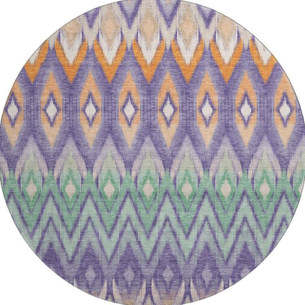 HomeRoots 8' Southwestern Washable Round Rug in Purple, Mint Green & Beige - UV Protected & Pet-Friendly! 651914