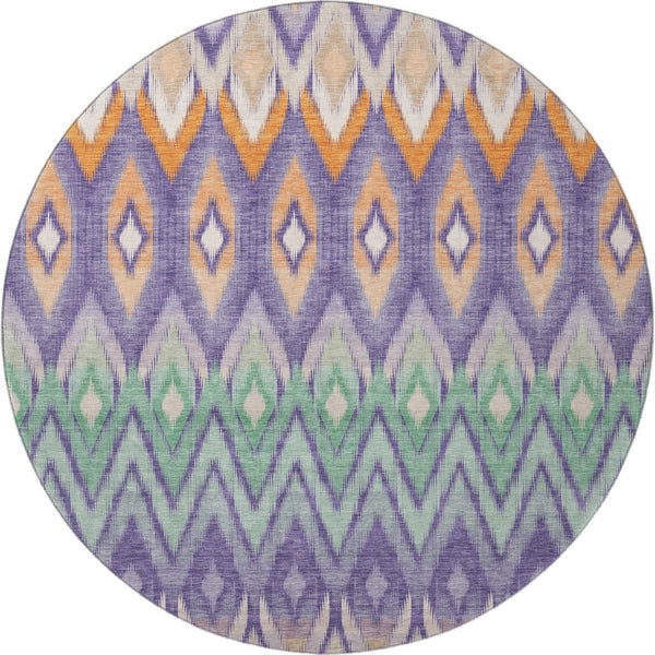 HomeRoots 8' Southwestern Washable Round Rug in Purple, Mint Green & Beige - UV Protected & Pet-Friendly! 651914
