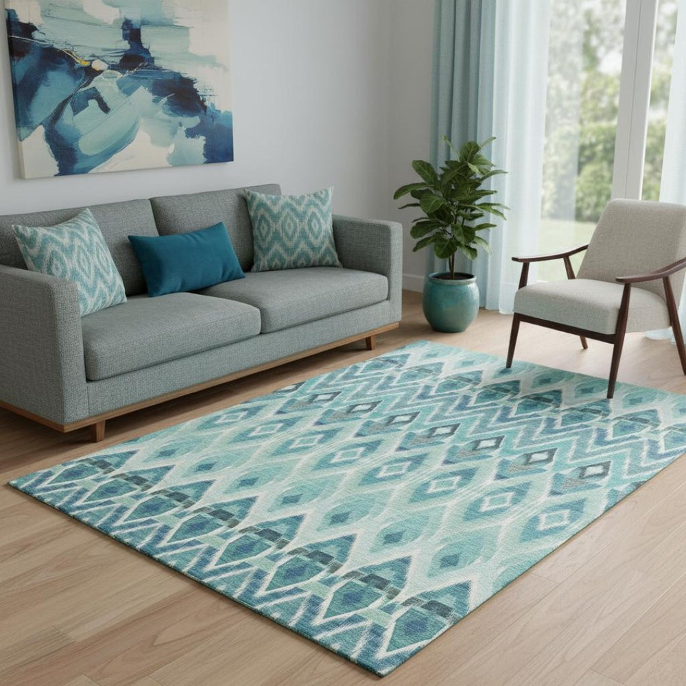 HomeRoots 5' Southwestern Washable Area Rug in Teal, White & Gray - Durable, UV-Protected & Easy Care! 651919