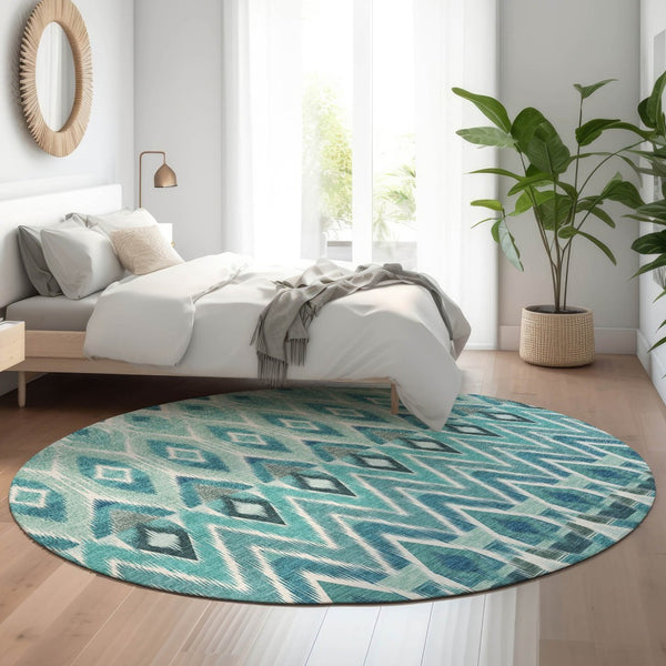 HomeRoots 8' Southwestern Washable Round Rug in Teal, White & Gray - UV Protected, Stain Resistant, Durable Design 651920