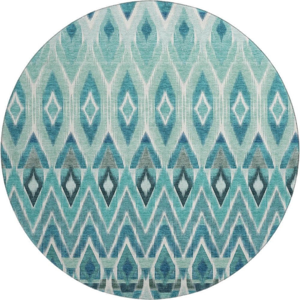 HomeRoots 8' Southwestern Washable Round Rug in Teal, White & Gray - UV Protected, Stain Resistant, Durable Design 651920