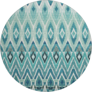 HomeRoots 8' Southwestern Washable Round Rug in Teal, White & Gray - UV Protected, Stain Resistant, Durable Design 651920