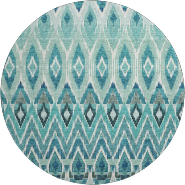 HomeRoots 8' Southwestern Washable Round Rug in Teal, White & Gray - UV Protected, Stain Resistant, Durable Design 651920