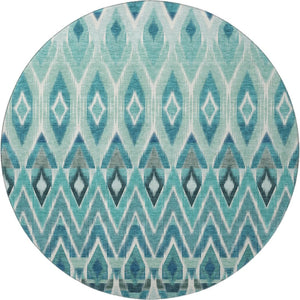 HomeRoots 8' Southwestern Washable Round Rug in Teal, White & Gray - UV Protected, Stain Resistant, Durable Design 651920