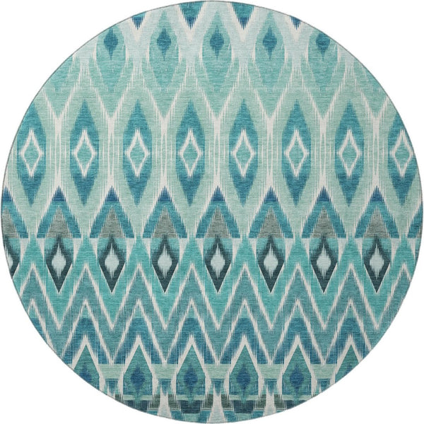 HomeRoots 8' Southwestern Washable Round Rug in Teal, White & Gray - UV Protected, Stain Resistant, Durable Design 651920