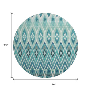 HomeRoots 8' Southwestern Washable Round Rug in Teal, White & Gray - UV Protected, Stain Resistant, Durable Design 651920