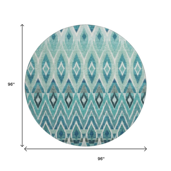 HomeRoots 8' Southwestern Washable Round Rug in Teal, White & Gray - UV Protected, Stain Resistant, Durable Design 651920