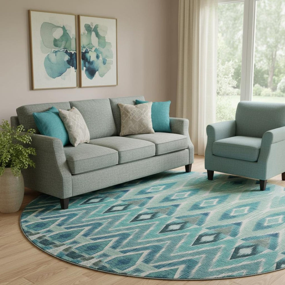 HomeRoots 8' Southwestern Washable Round Rug in Teal, White & Gray - UV Protected, Stain Resistant, Durable Design 651920