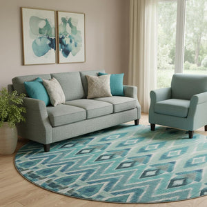 HomeRoots 8' Southwestern Washable Round Rug in Teal, White & Gray - UV Protected, Stain Resistant, Durable Design 651920