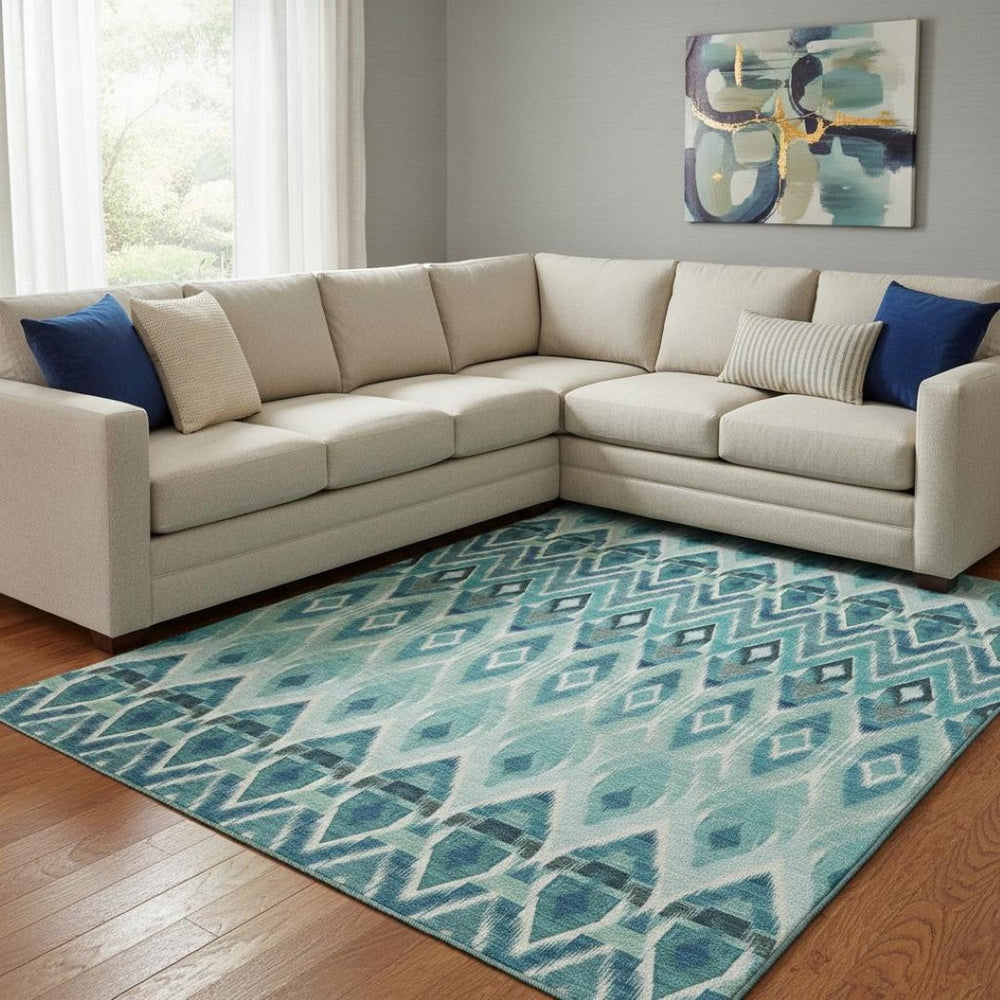 HomeRoots 8' X 10' Stylish Teal, White, and Gray Southwestern Washable Area Rug with UV Protection & Durability 651921
