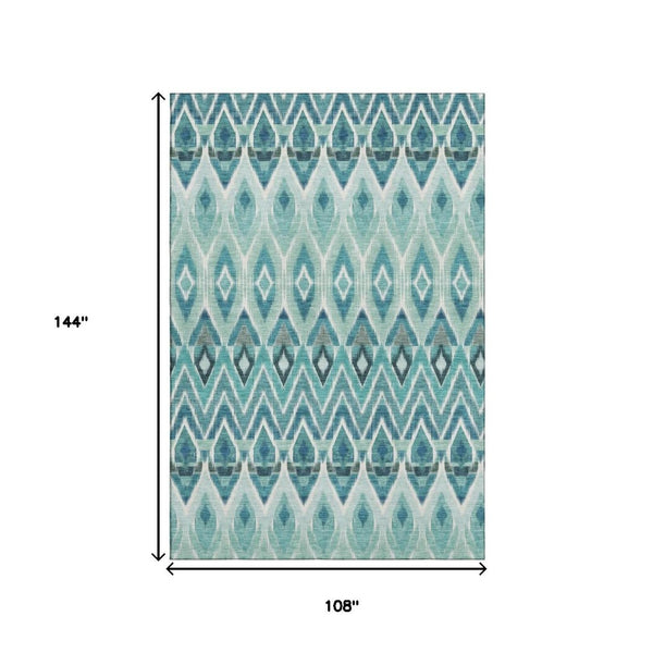 HomeRoots 9' X 12' Southwestern Washable Area Rug in Teal, White & Gray - UV Protected, Durable, Stylish Design 651922