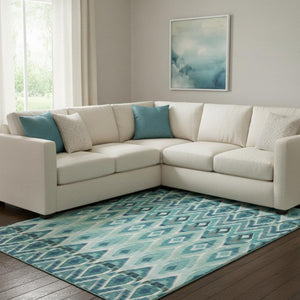 HomeRoots 10' Vibrant Teal, White & Gray Southwestern Washable Area Rug - UV Protected, Kid & Pet Friendly! 651923