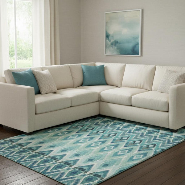 HomeRoots 10' Vibrant Teal, White & Gray Southwestern Washable Area Rug - UV Protected, Kid & Pet Friendly! 651923