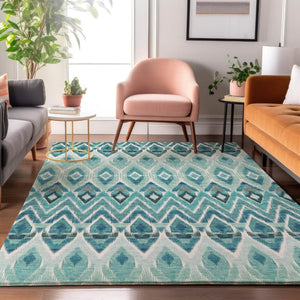 HomeRoots 10' Vibrant Teal, White & Gray Southwestern Washable Area Rug - UV Protected, Kid & Pet Friendly! 651923