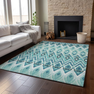HomeRoots 10' Vibrant Teal, White & Gray Southwestern Washable Area Rug - UV Protected, Kid & Pet Friendly! 651923