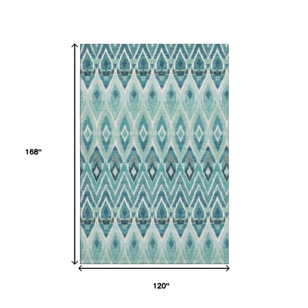 HomeRoots 10' Vibrant Teal, White & Gray Southwestern Washable Area Rug - UV Protected, Kid & Pet Friendly! 651923