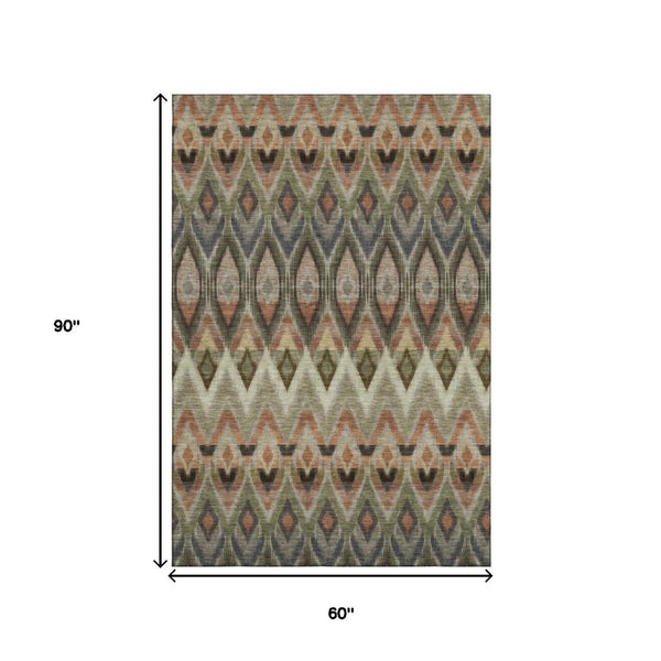 HomeRoots 5' X 8' Washable Southwestern Area Rug in Taupe, Olive Green & Beige - Durable, UV Protected Design 651925