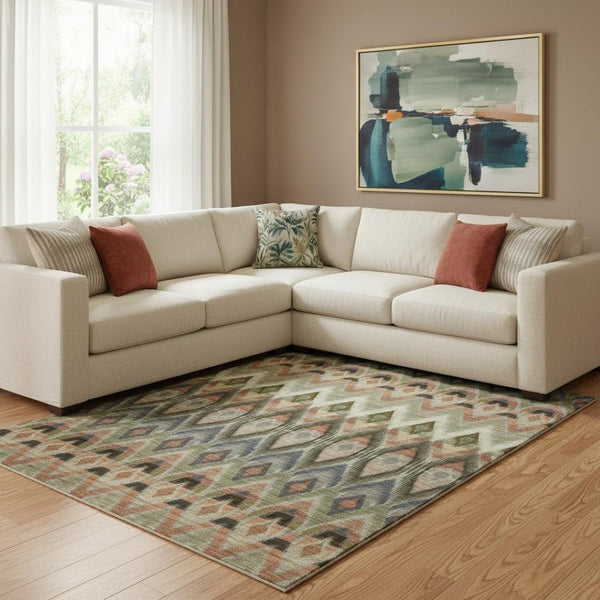 HomeRoots 8' X 10' Southwestern Area Rug in Taupe, Olive Green & Beige - Washable, UV-Protected, Stain-Resistant! 651927