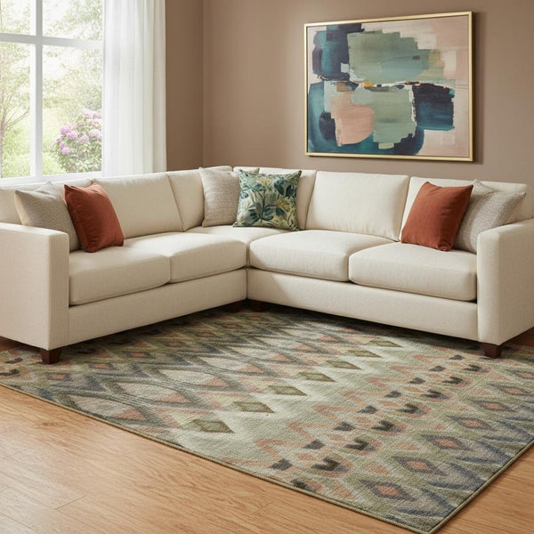 HomeRoots 9' X 12' Southwestern Area Rug in Taupe, Olive Green & Beige – Washable, UV Protected for Easy Care 651928
