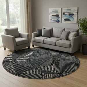 HomeRoots 8' Stylish Black and Ivory Geometric Washable Round Rug with UV Protection for Easy Care Living Spaces 651932