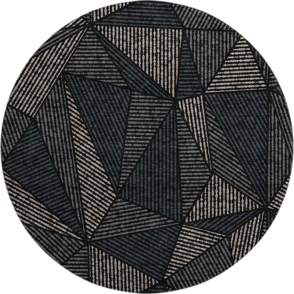 HomeRoots 8' Stylish Black and Ivory Geometric Washable Round Rug with UV Protection for Easy Care Living Spaces 651932