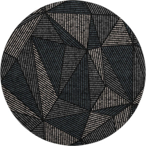 HomeRoots 8' Stylish Black and Ivory Geometric Washable Round Rug with UV Protection for Easy Care Living Spaces 651932
