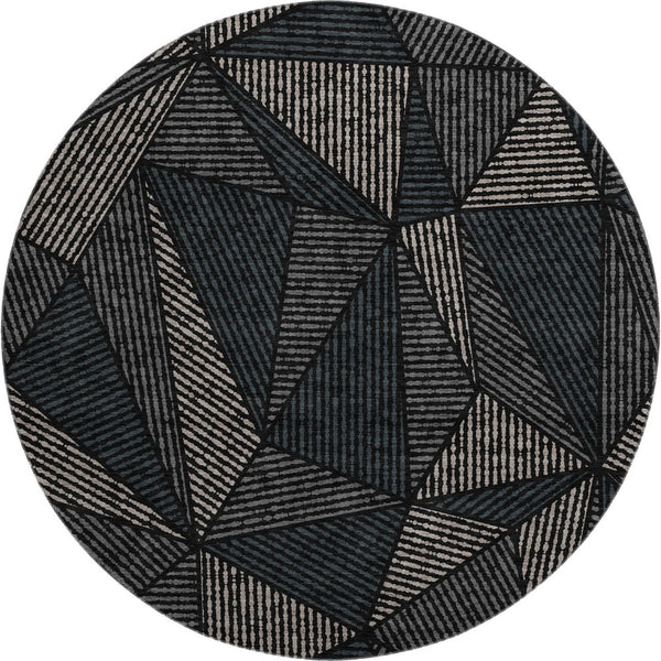 HomeRoots 8' Stylish Black and Ivory Geometric Washable Round Rug with UV Protection for Easy Care Living Spaces 651932
