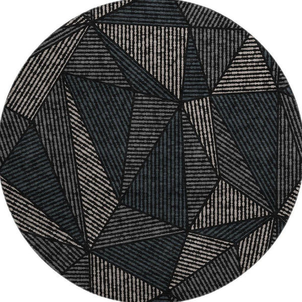 HomeRoots 8' Stylish Black and Ivory Geometric Washable Round Rug with UV Protection for Easy Care Living Spaces 651932