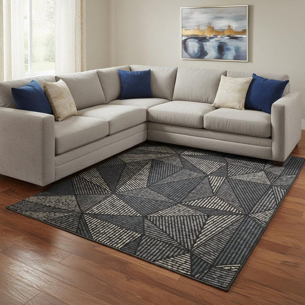 HomeRoots 8' X 10' Black and Ivory Geometric Area Rug - Stylish, Washable, UV-Protected for Homes with Kids & Pets 651933
