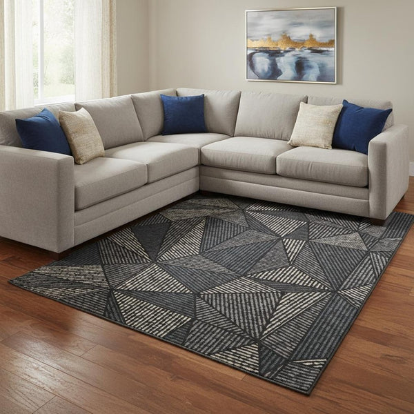 HomeRoots 8' X 10' Black and Ivory Geometric Area Rug - Stylish, Washable, UV-Protected for Homes with Kids & Pets 651933