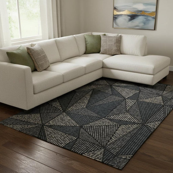 HomeRoots 9' X 12' Black And Ivory Geometric Area Rug - Washable, UV-Protected, Stylish & Durable for Any Room 651934