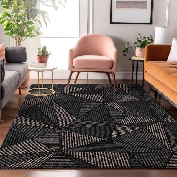 HomeRoots 10' X 14' Black And Ivory Geometric Area Rug - Stylish, Stain Resistant, UV Protected for Any Space 651935