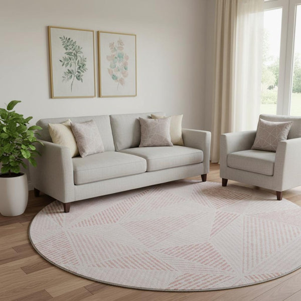 HomeRoots 8' Blush & Pink Geometric Round Rug - Washable, UV Protected, Durable Design for Modern Spaces 651938