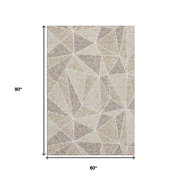 HomeRoots 5' Washable Brown & Beige Geometric Area Rug with UV Protection - Durable & Stylish for High-Traffic Homes 651943