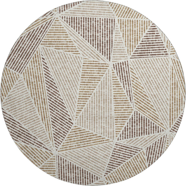 HomeRoots 8' Brown and Beige Geometric Round Rug - Washable, UV Protected, Durable Design for Busy Homes 651944
